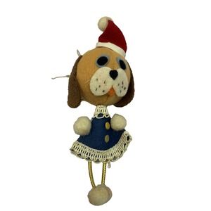 Vintage Christmas Ornament Felt Brown Santa Puppy Dog Made in Japan‎ MCM